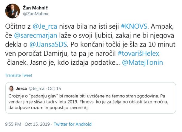 Šovinističen tvit poslanca SDS Žana Mahniča 