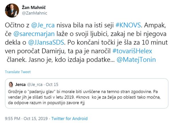 Šovinističen tvit poslanca SDS Žana Mahniča 