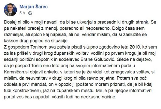 Današnji premierjev zapis na Facebooku