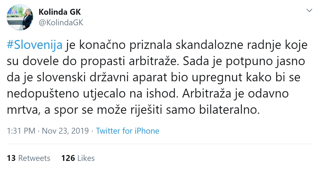 Zapis hrvaške predsednice na Twitterju