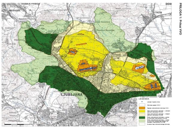Velik del Ljubljane stoji na različno strogo varovanih vodovarstvenih območjih. / Vir: Uredba o vodovarstvenem območju za vodno telo vodonosnika Ljubljanskega polja