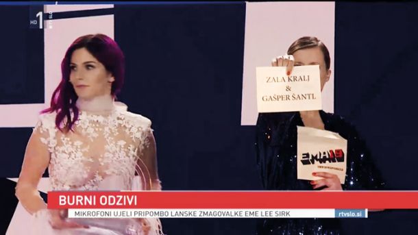 Presenečena Lea Sirk ob razglasitvi zmagovalca letošnje Eme 