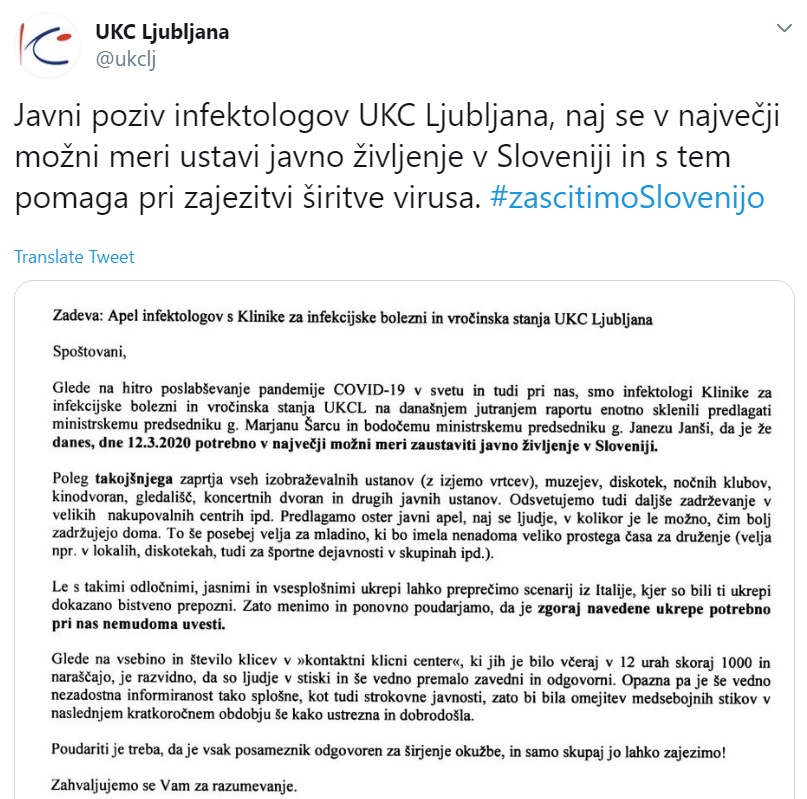 Tvit UKC Ljubljana