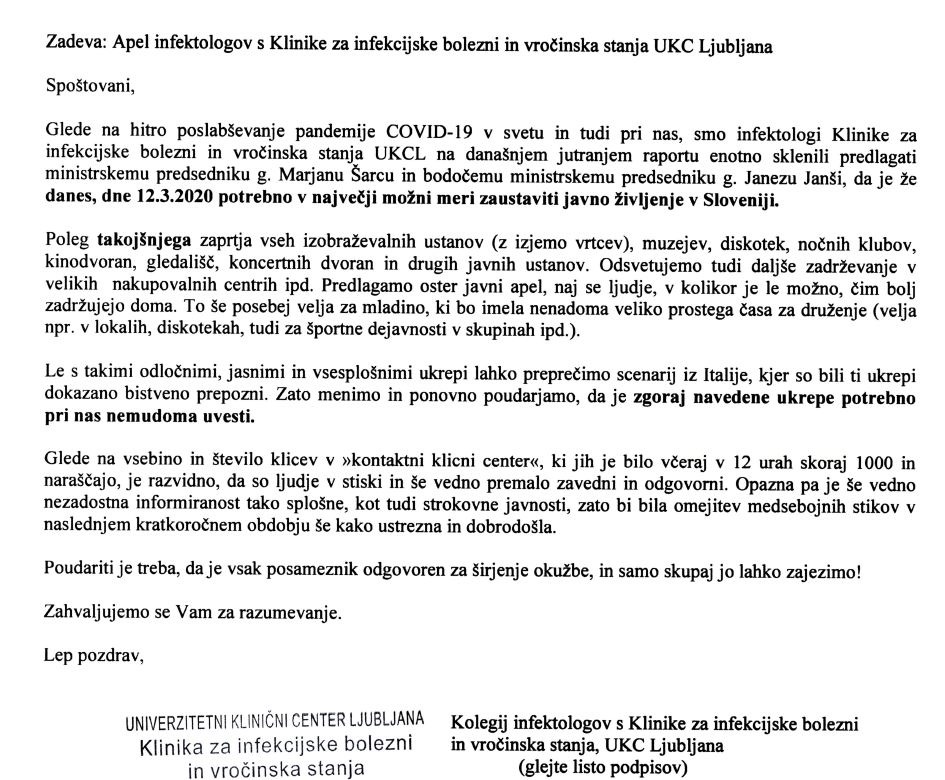 Infektologi pozivajo k takojšnji zaustavitvi javnega življenja