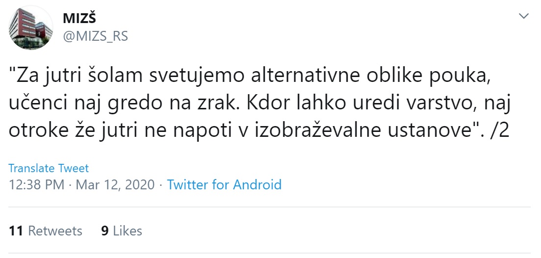 »Za jutri šolam svetujemo alternativne oblike pouka, učenci naj gredo na zrak«