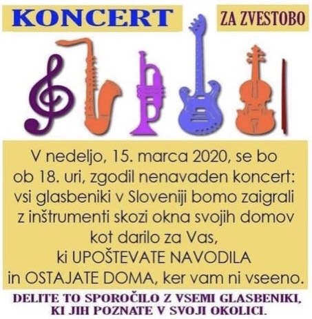 Poziv glasbenikom za koncert, ki se bo na oknih in balkonih zgodil danes ob 18. uri po celotni Sloveniji