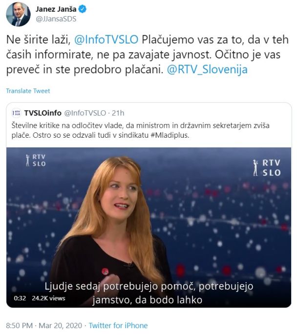 Janšev tvit o RTV