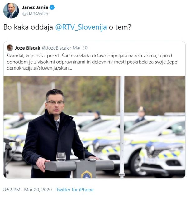 Janšev tvit o RTV, drugič