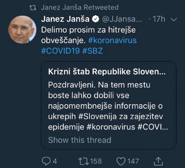 Eden izmed novih komunikacijskih prijemov Janševe vlade je bilo aktiviranje Twitter profila Kriznega štaba Republike Slovenije.