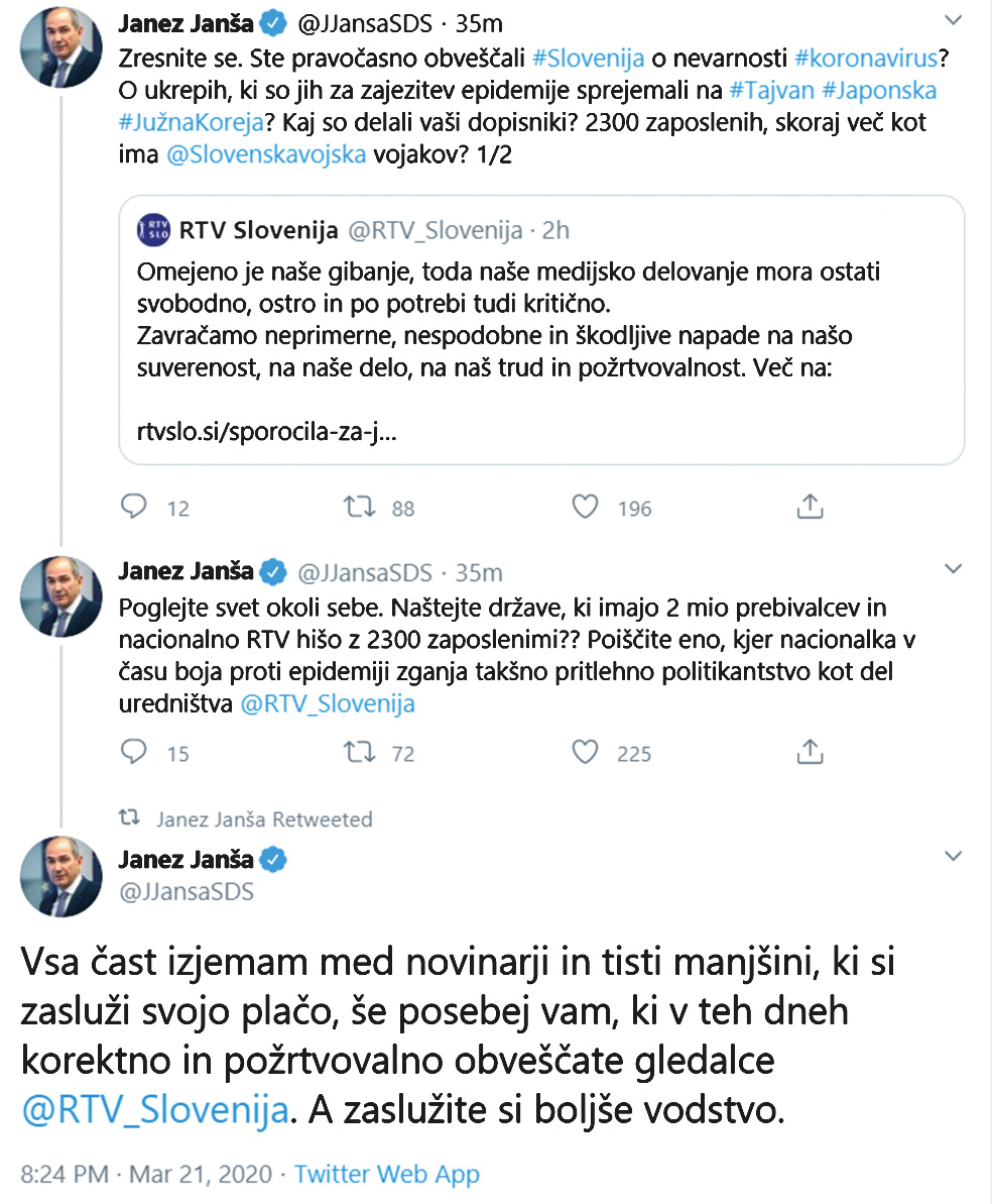 Kljub zgražanju javnosti, Društva novinarjev Slovenije in vodstva RTV je Janez Janša z nadaljnjimi tviti še podkrepil svoje namere.