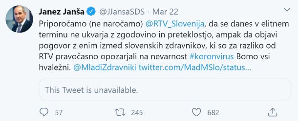 Tvit Janeza Janše, v katerem RTV Slovenija očita, da so prepozno poročali o koronavirusu 