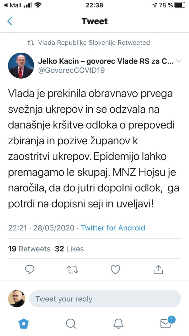 Tvit vladnega govornika Jelka Kacina, v katerem je napovedal zaostritev karantene, ker se ljudje domnevno niso držali vladnih zapovedi. 