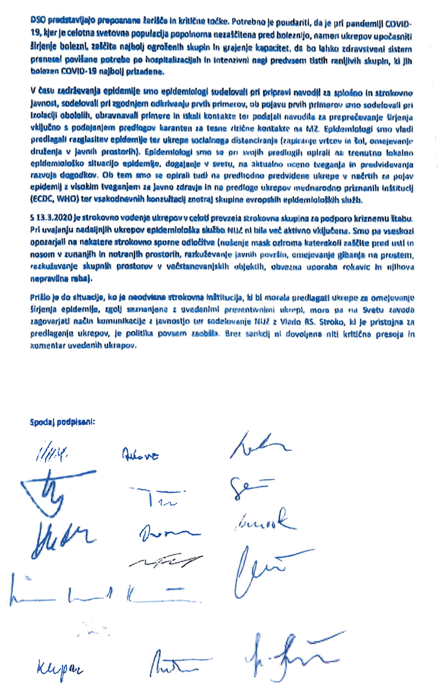 Zadnja stran pisma 25 epidemiologov: »Stroko, ki je pristojna za predlaganje ukrepov, je politika povsem zaobšla. Brez sankcij nista dovoljena niti kritična presoja in komentar uvedenih ukrepov.«