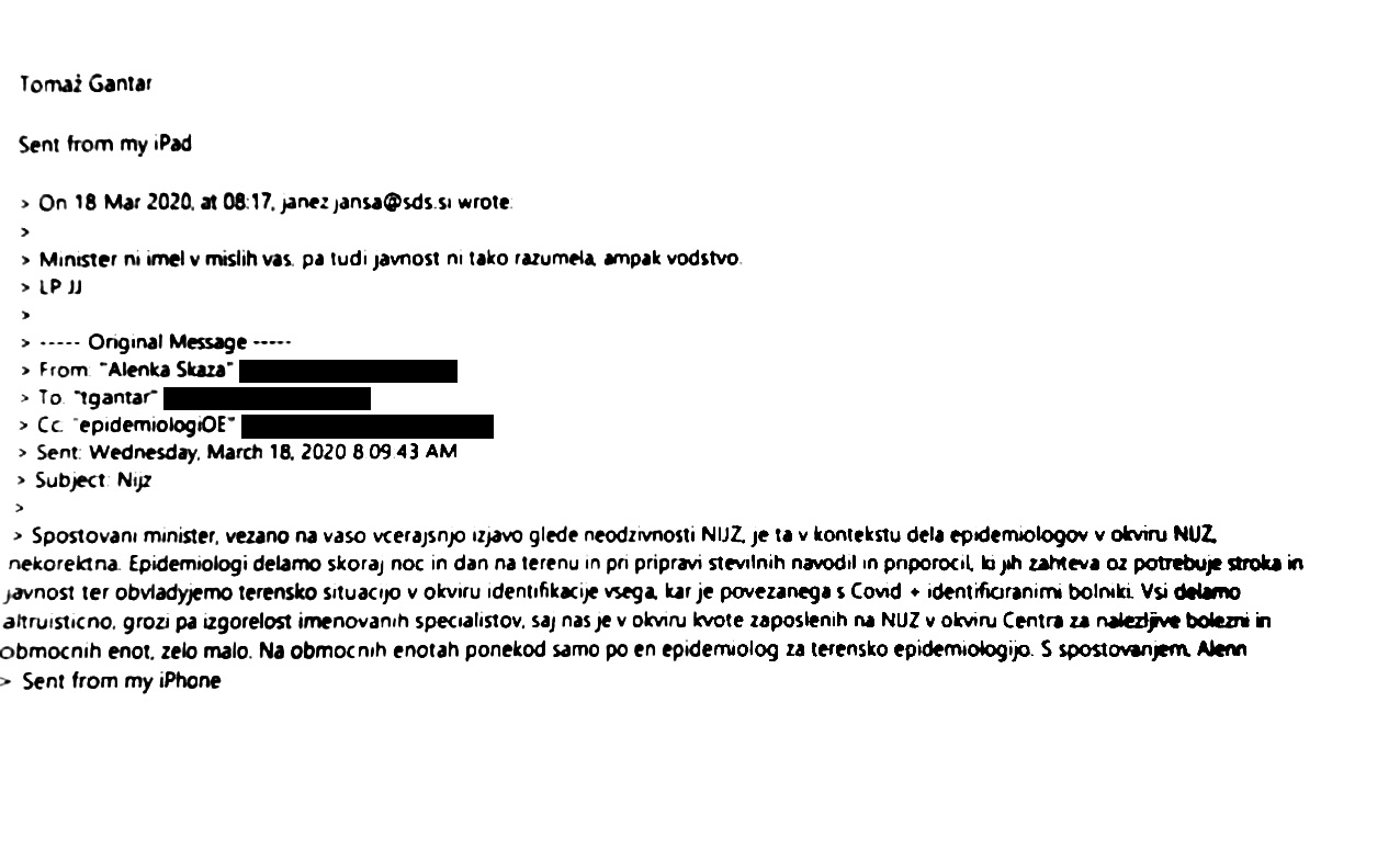 Zaradi napadov na NIJZ je 18. marca protestirala Alenka Trop Skaza, sicer predstojnica celjske enote NIJZ. Janez Janša ji je odgovoril, da je minister za zdravje pri kritiki v mislih imel vodstvo NIJZ.
