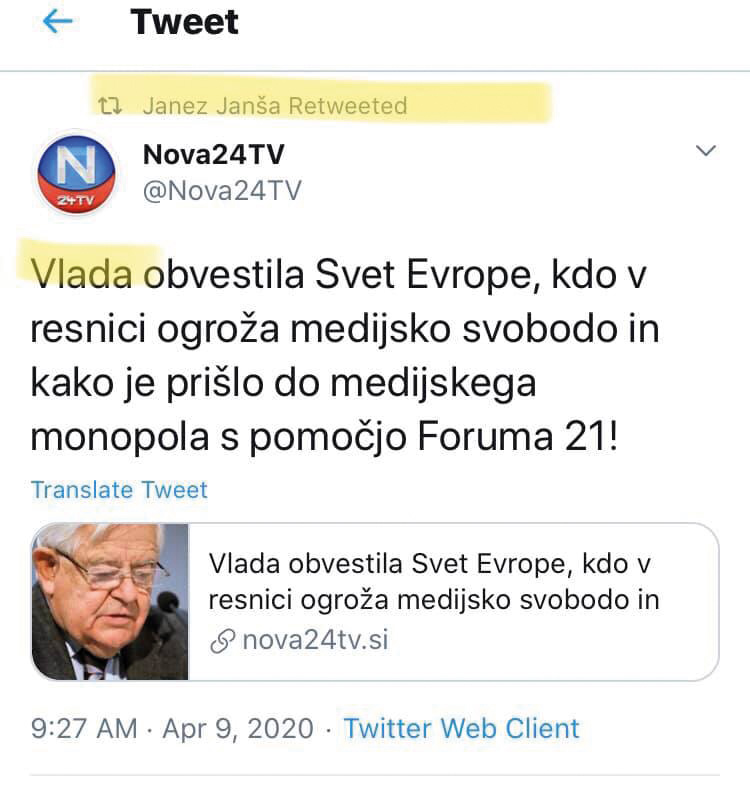 Janez Janša se z vsebino poslanega dopisa strinja, drugače ne bi objavil članka Nove24TV, ki naj bi razkrinkal glavnega urednika vseh slovenskih medijev