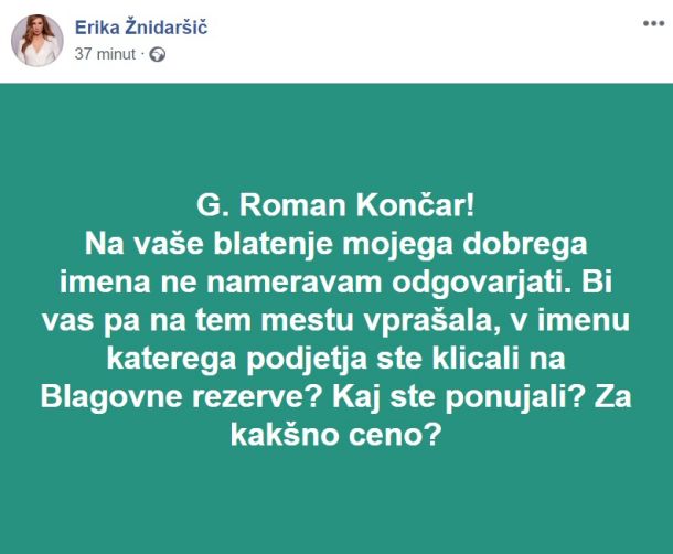 Erika Žnidaršič odgovarja Romanu Končarju