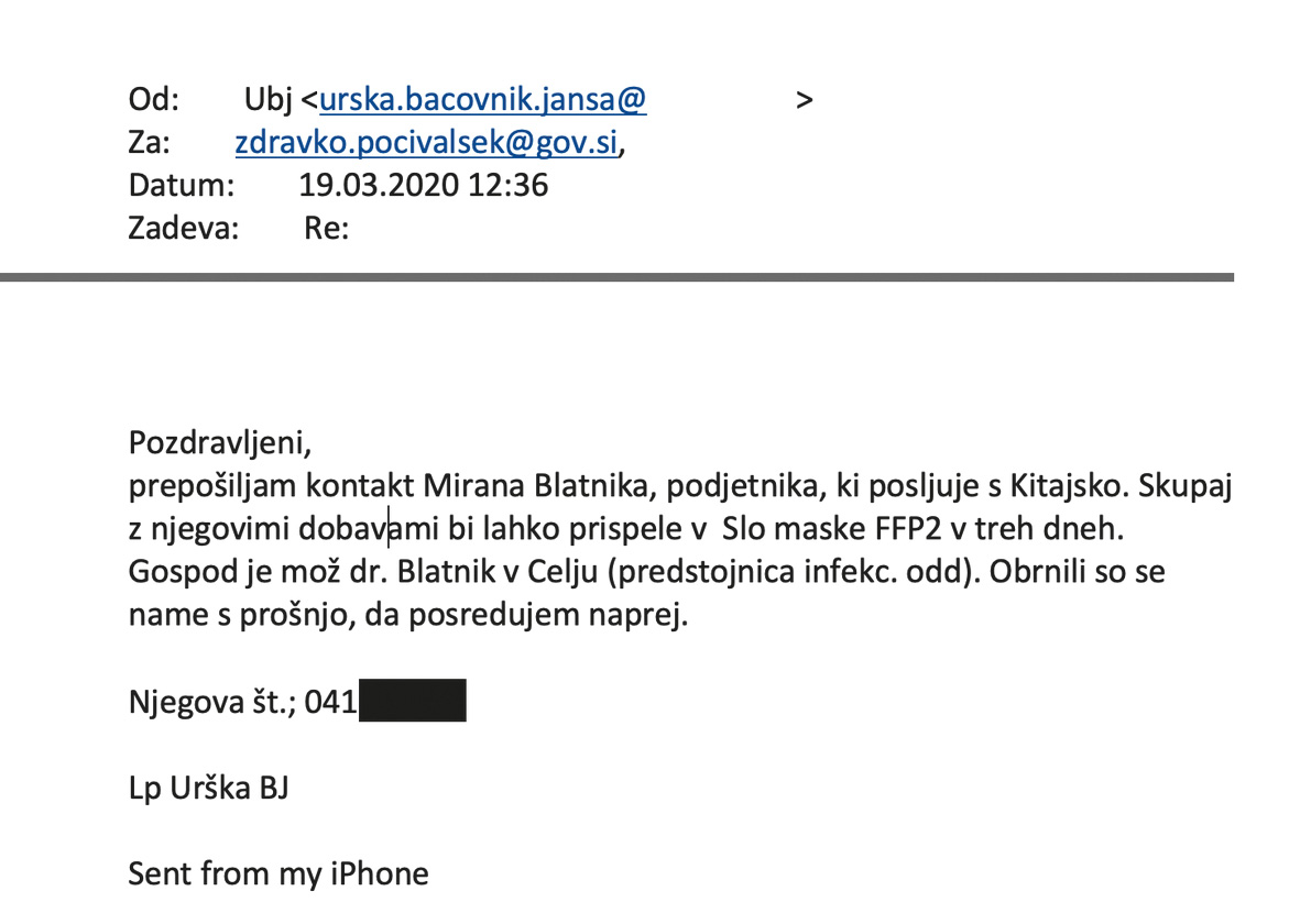 Sporočilo Urške Bačovnik Janša, ki ga je poslala ministru Zdravku Počivalšku. Korespondenco so prvi objavili na portalu 24ur.com.