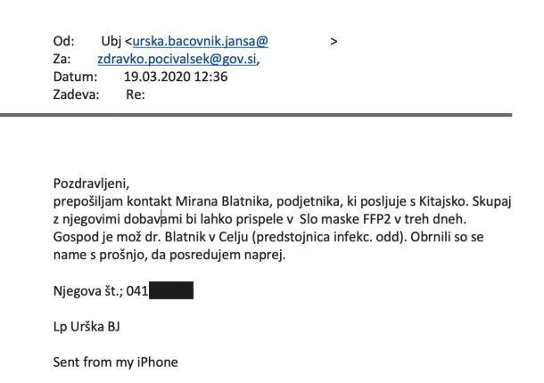 Sporočilo Urške Bačovnik Janša, ki ga je poslala ministru Zdravku Počivalšku. Korespondenco so prvi objavili na portalu 24ur.com.