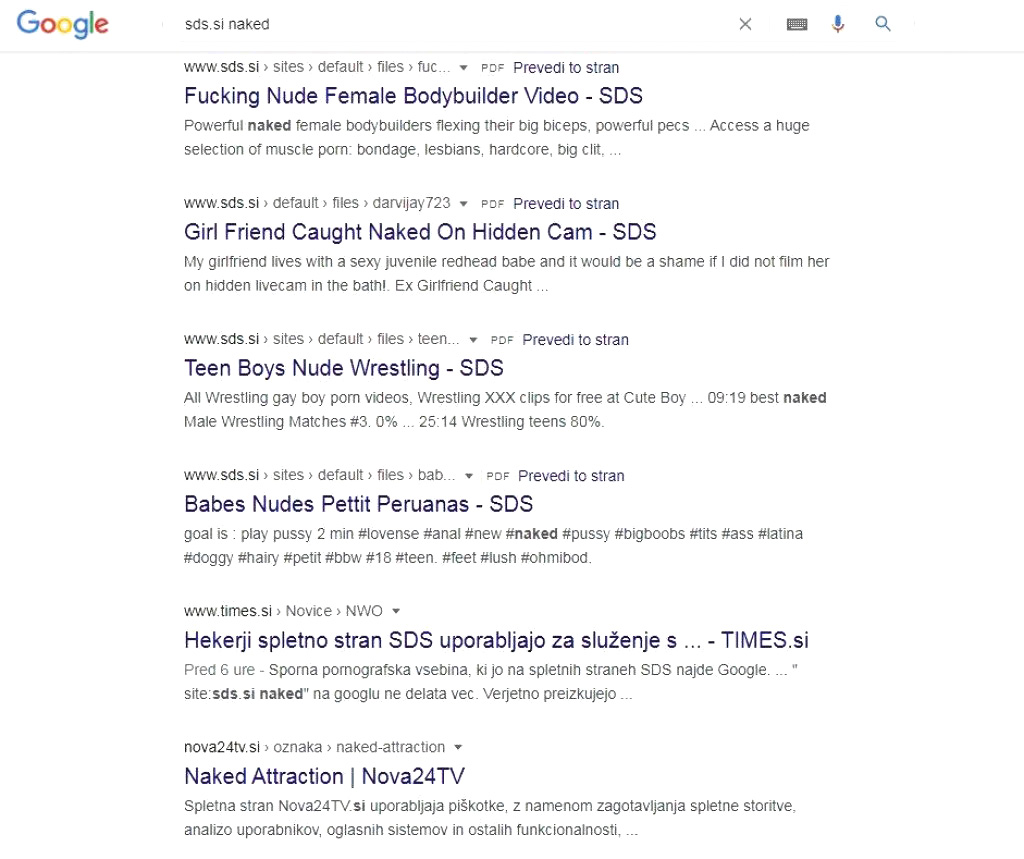 Posnetek zadetkov Googlovega iskalnika, ki prikazuje, kako je bilo možno na straneh SDS dostopati do pornografskih vsebin