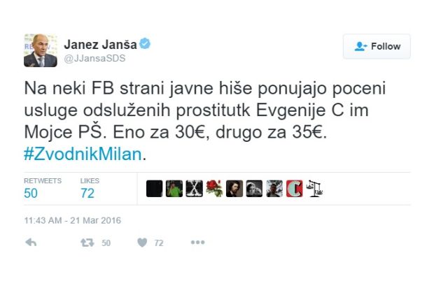 Tvit, ki ga je Janez Janša napisal leta 2016