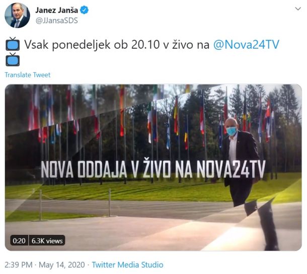 Janez Janša je na Twitterju napovedal, da bo imel ob ponedeljkih na Nova24TV svojo oddajo