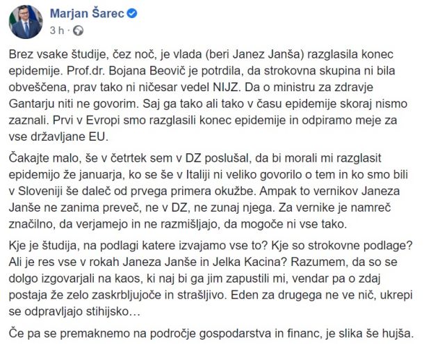 Današnji zapis Marjana Šarca na Facebooku