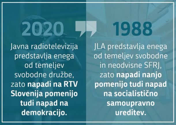 Uradna objava Urada vlade za komuniciranje, kjer RTV Slovenija primerja z Jugoslovansko ljudsko armado. Objavi je priložen citat Janeza Janše: »Takšni mediji si jemljejo pravico do monopola nad vedenjem in presojo. Kritizirajo, a ne prenesejo, če kdo kritizira njih. Njim ne smeš ničesar oporekati. Še manj njihovim lastnikom oziroma gospodarjem. Lahko se samo strinjaš z njimi.«