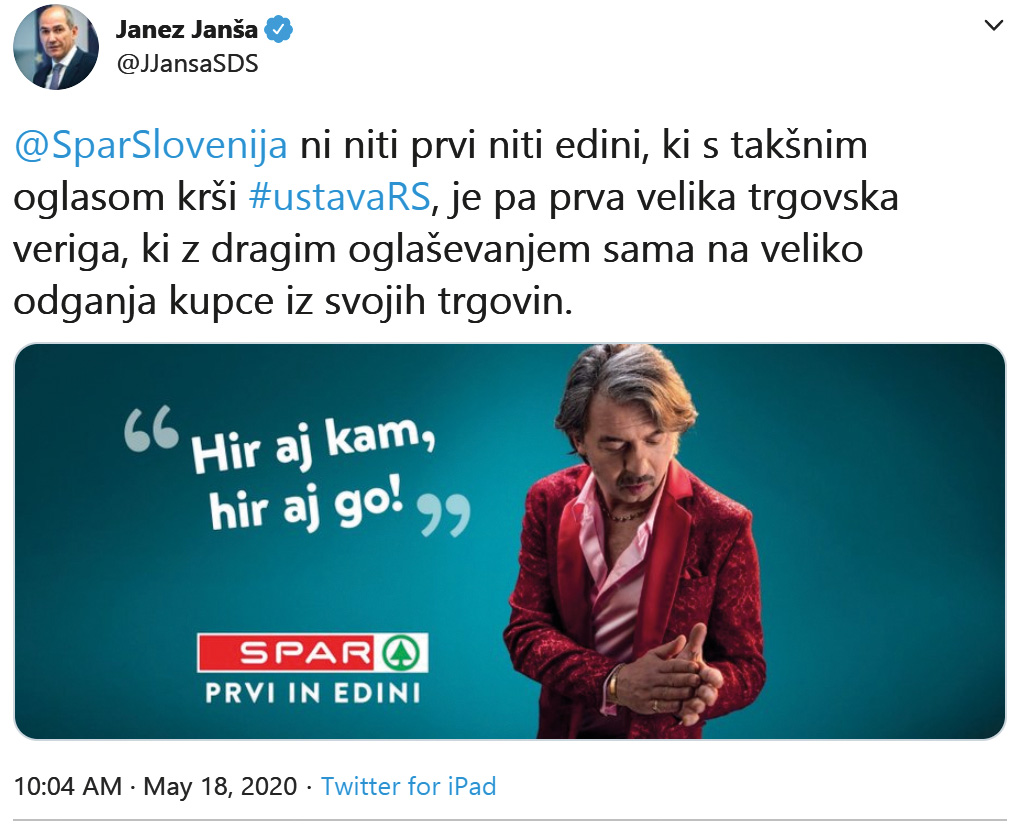Ko Janša reče, da Sparov oglas, v katerem nastopa Magnifico, »krši ustavo RS«, hoče reči, da ta oglas v resnici krši ustavo druge republike, ustavo noriškega kraljestva. In to je vse.