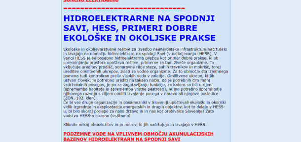 Spletna stran »ekološkega zavoda DEZ« z račkami in promocijskimi članki o HESS. (Zaslonski posnetek z dne 26.5.2020)