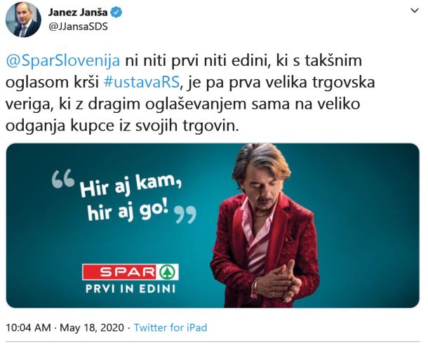 Ko Janša reče, da Sparov oglas, v katerem nastopa Magnifico, »krši ustavo RS«, hoče reči, da ta oglas v resnici krši ustavo druge republike, ustavo noriškega kraljestva. In to je vse.