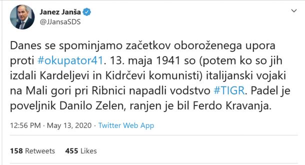 Sedemindvajseti april kot dan upora proti okupatorju Slovenci brez prekinitev slavimo že 52 let. Toda Janez Janša se je odločil, da je za njegov okus ustanovitev vseslovenske protiimperialistične fronte premalo pomembna, da bi ji namenjal pozornost. Na državni praznik ni zmogel nobene izjave, za začetek vseslovenskega odpora pa je razglasil 13. maj 1941. 