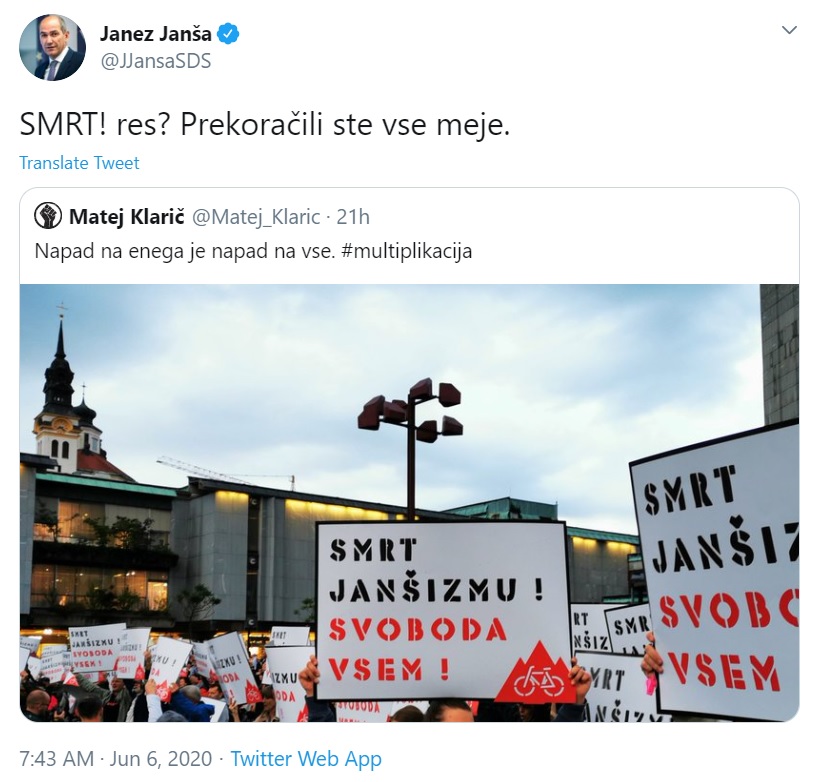 Zapis predsednika vlade na Twitterju in delitev fotografije s petkovih protivladnih protestov v Ljubljani