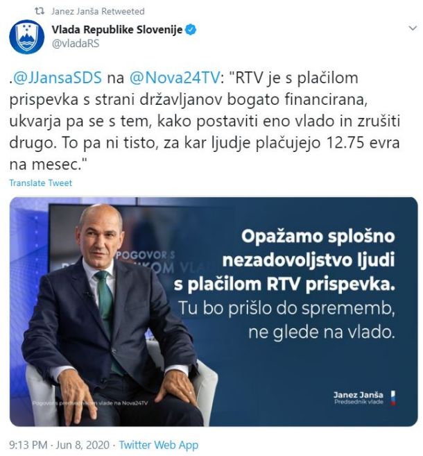 Uradni tvit vlade RS, ki ga je nato med svoje sledilce delil tudi premier Janez Janša