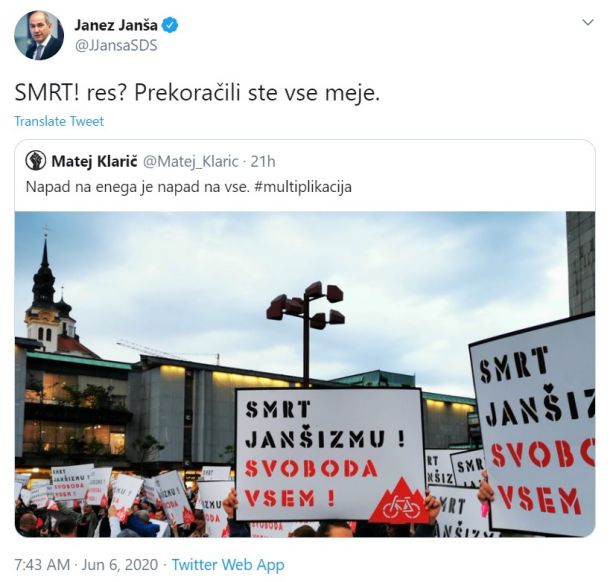Zapis predsednika vlade na Twitterju in delitev fotografije s petkovih protivladnih protestov v Ljubljani