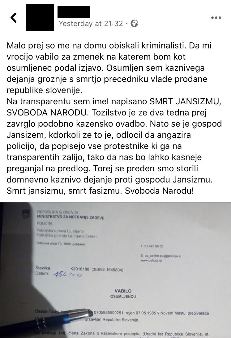 Zapis uporabnika Facebooka, ki so ga obiskali kriminalisti