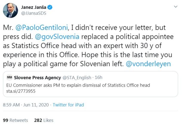 Janšev zapis na Twitterju
