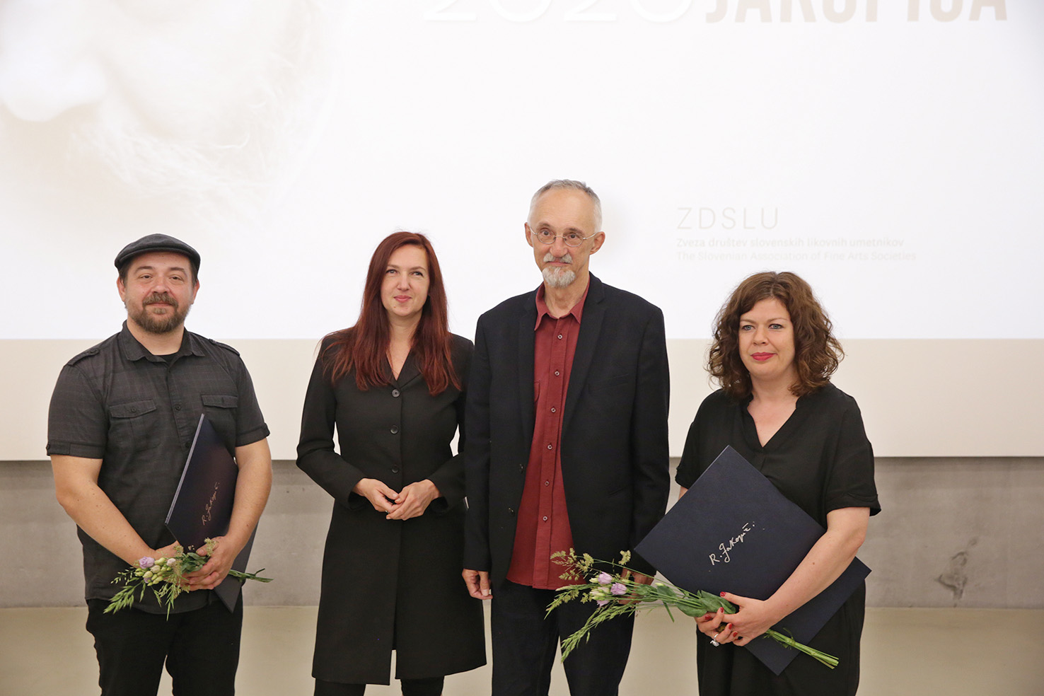 Marijan Mirt, Ksenija Čerče, Sergej Kapus, Maja Hodošček, prejemniki nagrade in priznanj Riharda Jakopiča 2020, MG, LJ | Borut Krajnc