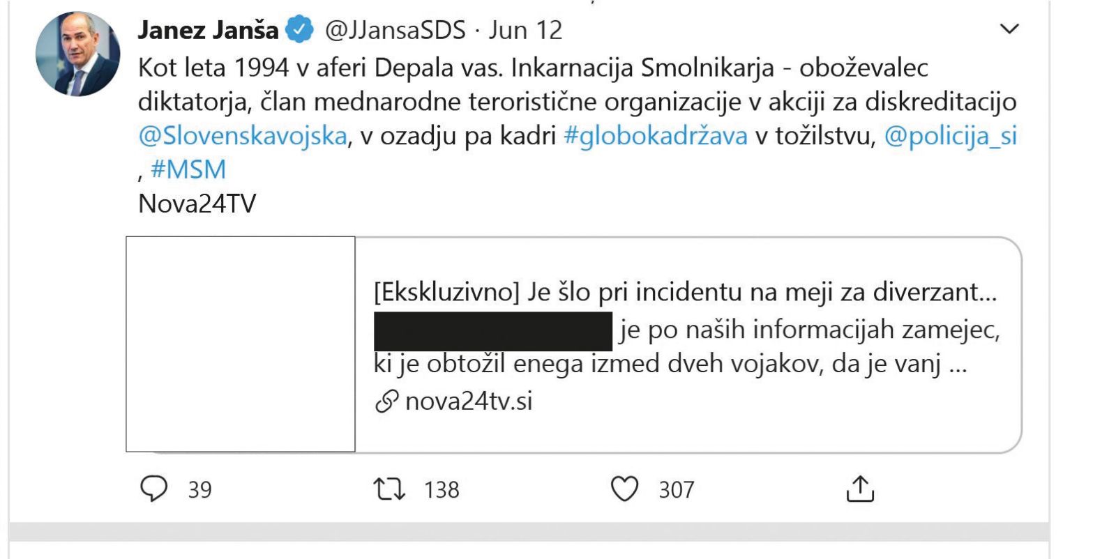 Predsednik vlade Janez Janša je sprehajalca, ki naj bi ga na slovenskoitalijanski meji maltretiral slovenski vojak, nedostojno označil za »člana mednarodne teroristične organizacije«.