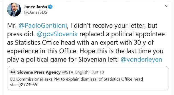 Tvit Janeza Janše, s katerim je evropskega komisarja Gentilonija podučil, naj si ne domišlja, da se bo lahko vmešaval v odločitev, kdo bo direktor Sursa v Sloveniji.