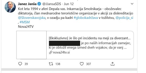 Predsednik vlade Janez Janša je sprehajalca, ki naj bi ga na slovenskoitalijanski meji maltretiral slovenski vojak, nedostojno označil za »člana mednarodne teroristične organizacije«.