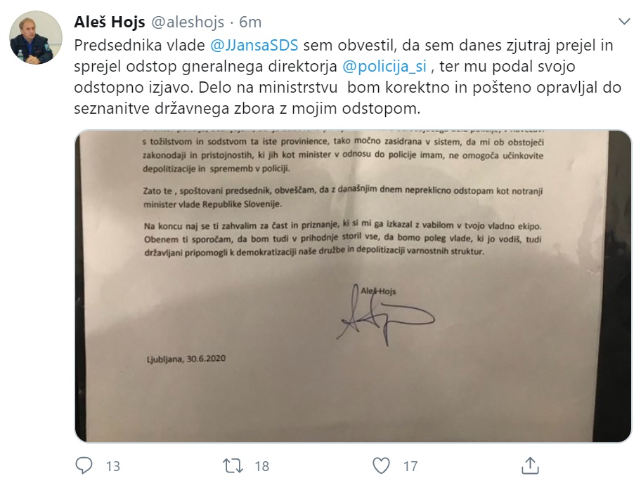 Tvit Aleša Hojsa