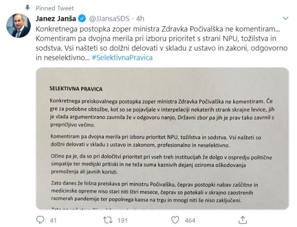 Janšev zapis na Twitterju