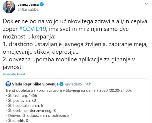 Včerajšnji zapis predsednika vlade na Twitterju