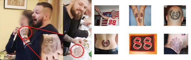 Julijan R. in njegove nacistične tetovaže. Številka 88 je šifra za dve osmi črki angleške abecede HH in pomeni Heil Hitler.