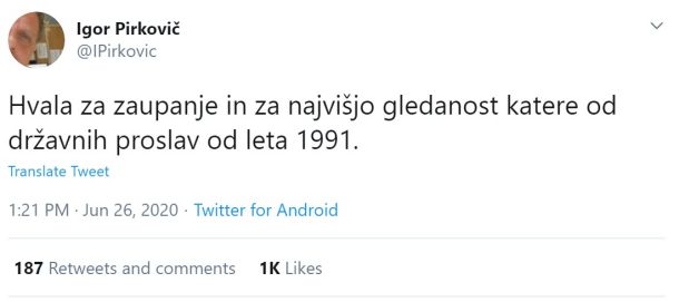 Zapis Igorja Pirkoviča, scenarista državne proslave, na Twitterju