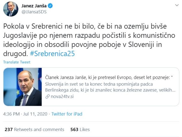 Janšev zapis na Twitterju, ki je sprožil val kritik