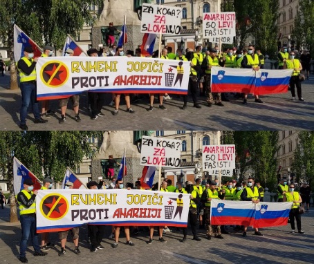 Fotografija zgoraj: Facebook profil Rumeni jopiči, spodaj: Domen Anderle. Na rokavu protestnika na levi strani, ki drži transparent, je izginil napis na rokavu.