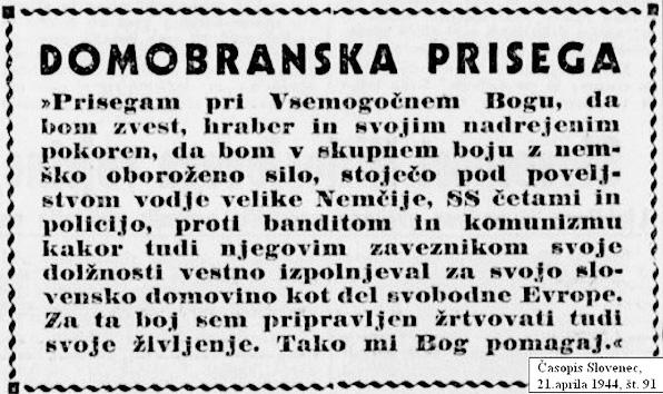 Besedilo domobranske prisege in obljuba »vodji velike Nemčije« - Adolfu Hitlerju.