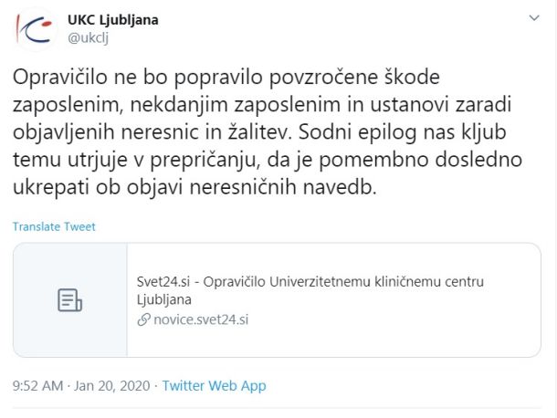Zapis UKC Ljubljana na Twitterju