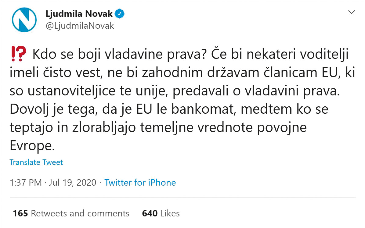 Evropska poslanka Ljudmila Novak (in ministrica v drugi Janševi vladi) o tem, da EU pač ne ne more biti bankomat za avtokrate.